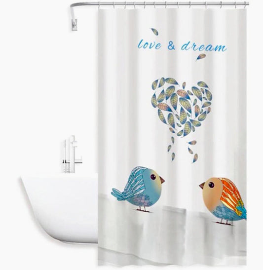 Tenda da doccia impermeabile in PVC – 180×180 cm, 12 ganci, motivo uccelli e cuori