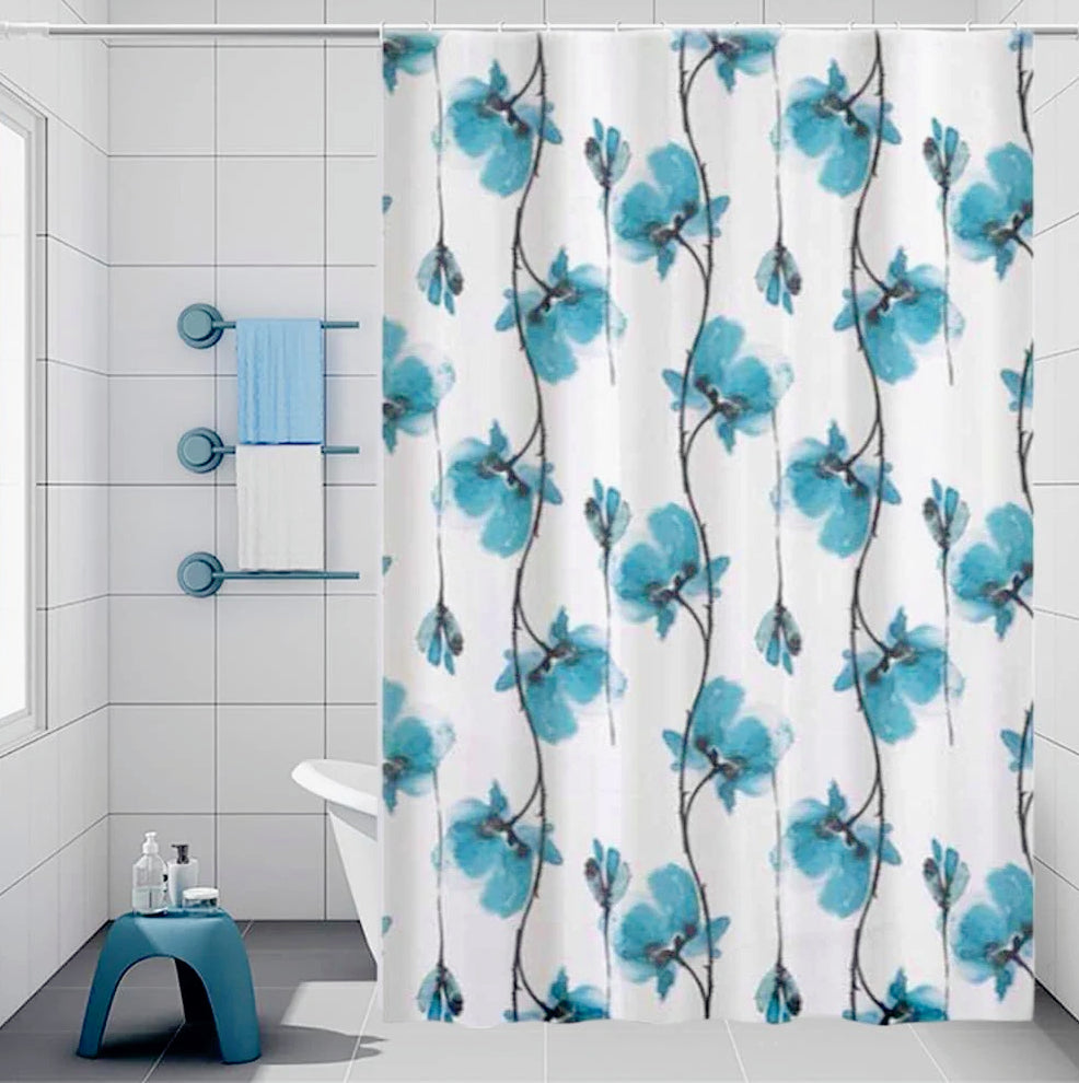 Tenda da doccia impermeabile in PVC – 12 ganci, motivo fiori blu, varie misure