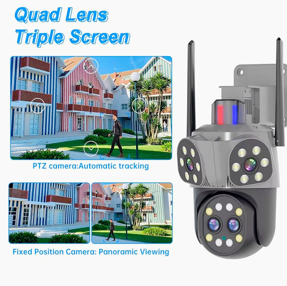 Telecamera Wi-Fi PTZ con zoom 10x, 3 obiettivi, 8MP (HD), allarme LED, protezione IP66