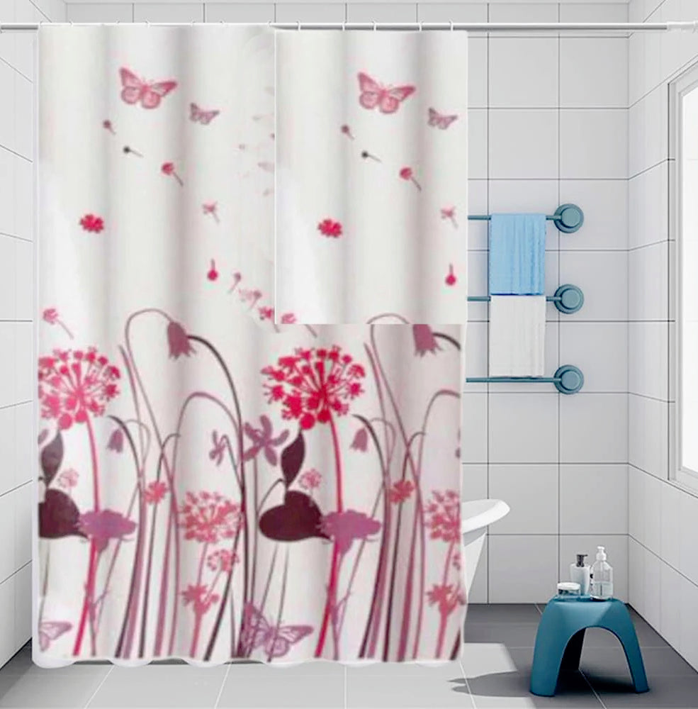 Tenda da doccia impermeabile in PVC – 180×200 cm, 12 ganci, motivo fiori e farfalle