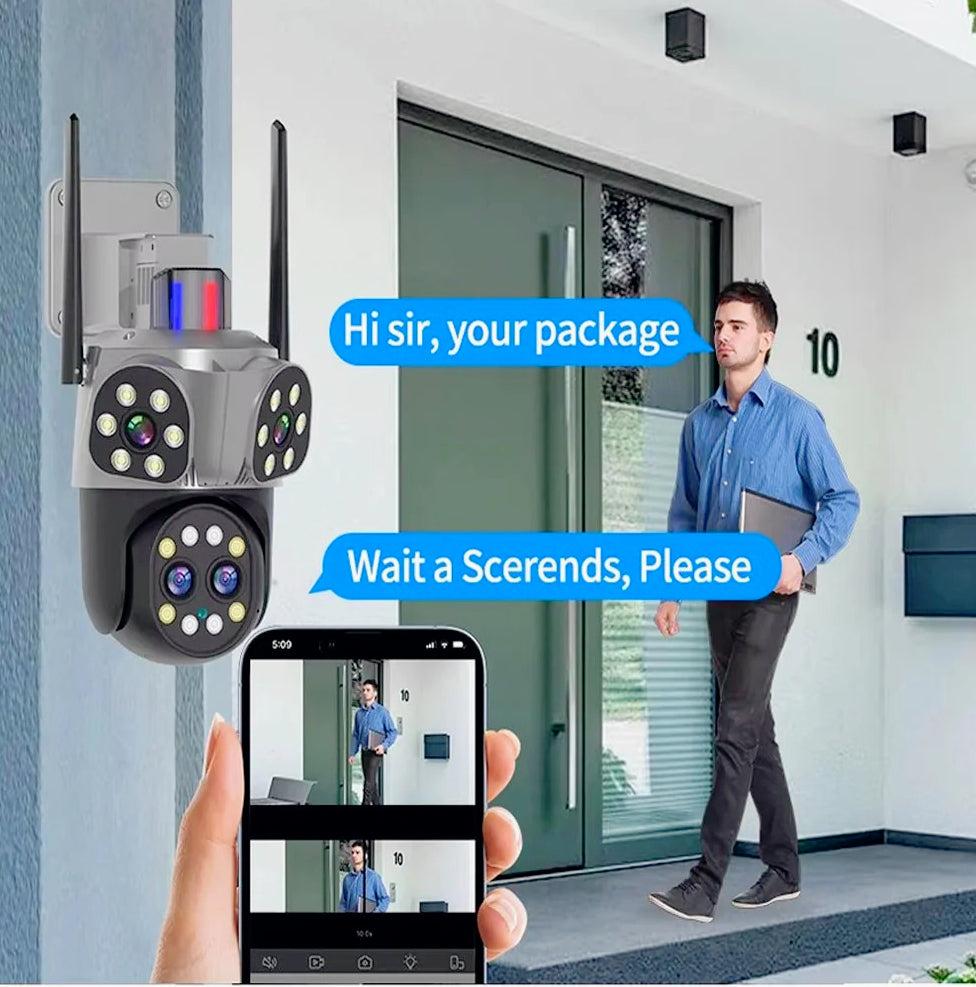 Telecamera Wi-Fi PTZ con zoom 10x, 3 obiettivi, 8MP (HD), allarme LED, protezione IP66