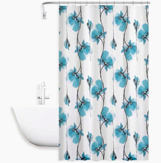 Tenda da doccia impermeabile in PVC – 12 ganci, motivo fiori blu, varie misure