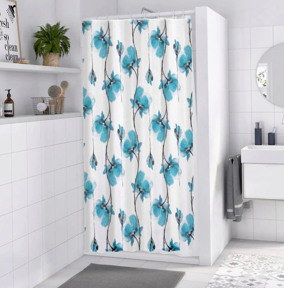 Tenda da doccia impermeabile in PVC – 12 ganci, motivo fiori blu, varie misure