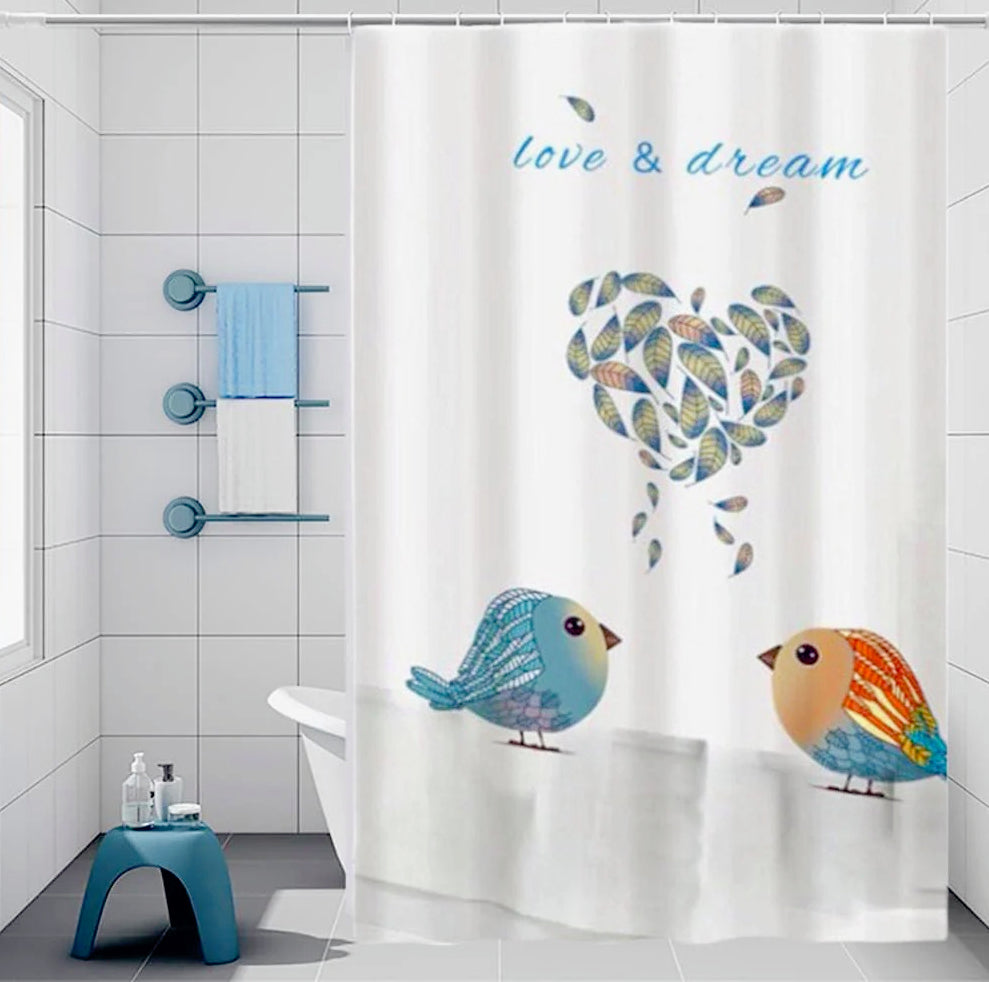 Tenda da doccia impermeabile in PVC – 180×180 cm, 12 ganci, motivo uccelli e cuori