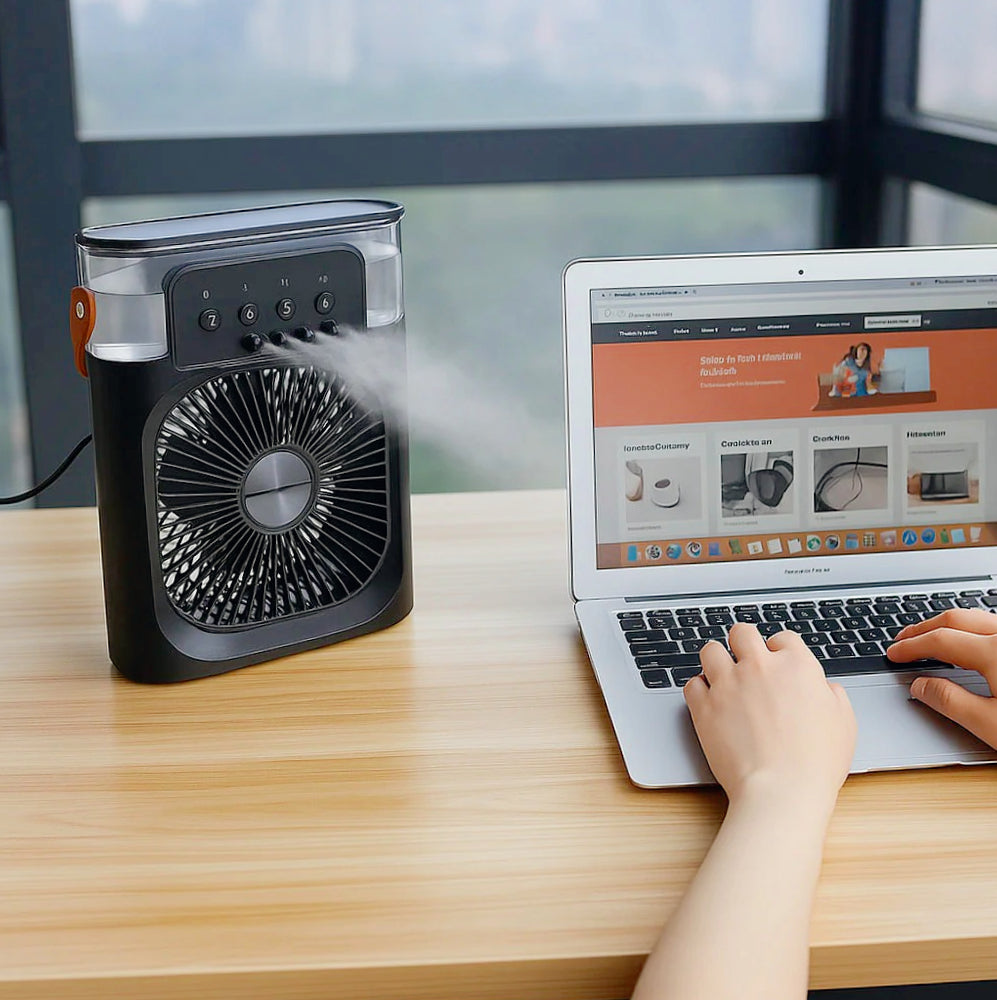 Ventilatore 3 velocità con vaporizzatore profumatore e luci LED – Multifunzione per freschezza, aroma e atmosfera