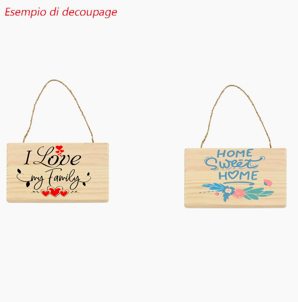 Targhetta rettangolare in legno 2 pezzi con corda in canapa - Ideali per decoupage e decorazioni