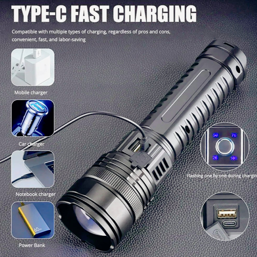 Torcia LED 600 metri – Zoom ricaricabile, 3 luminosità, modalità lampeggiante e tracolla