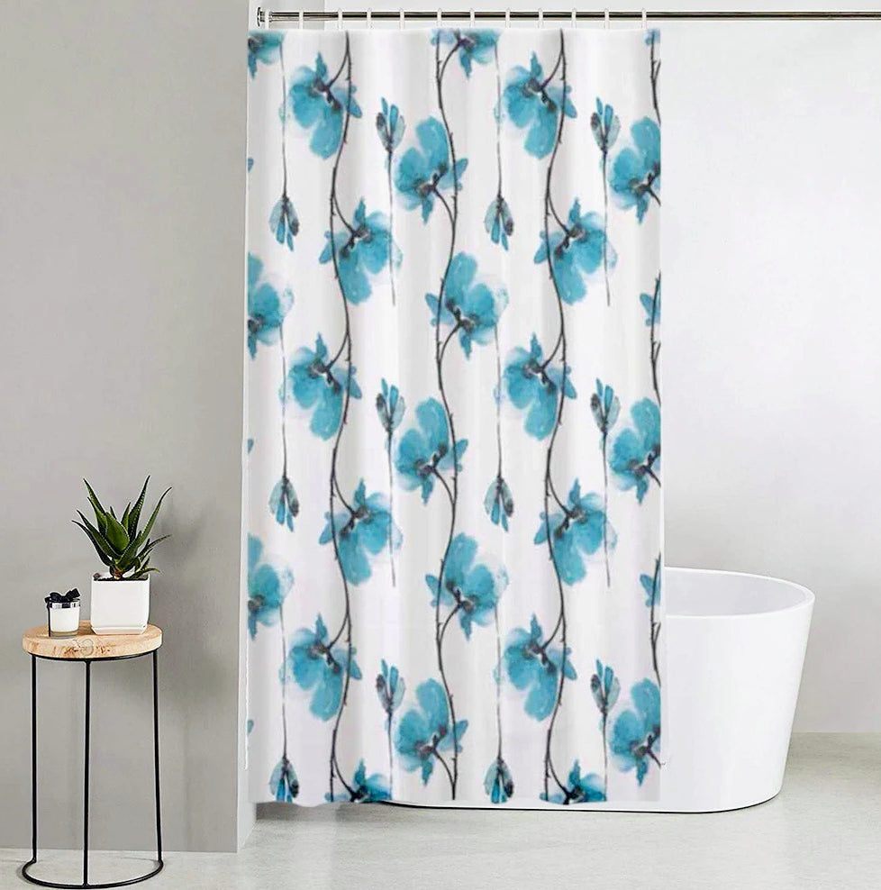 Tenda da doccia impermeabile in PVC – 12 ganci, motivo fiori blu, varie misure