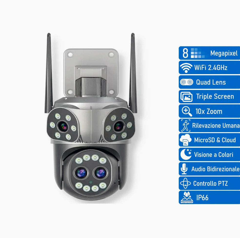 Telecamera Wi-Fi PTZ con zoom 10x, 3 obiettivi, 8MP (HD), allarme LED, protezione IP66