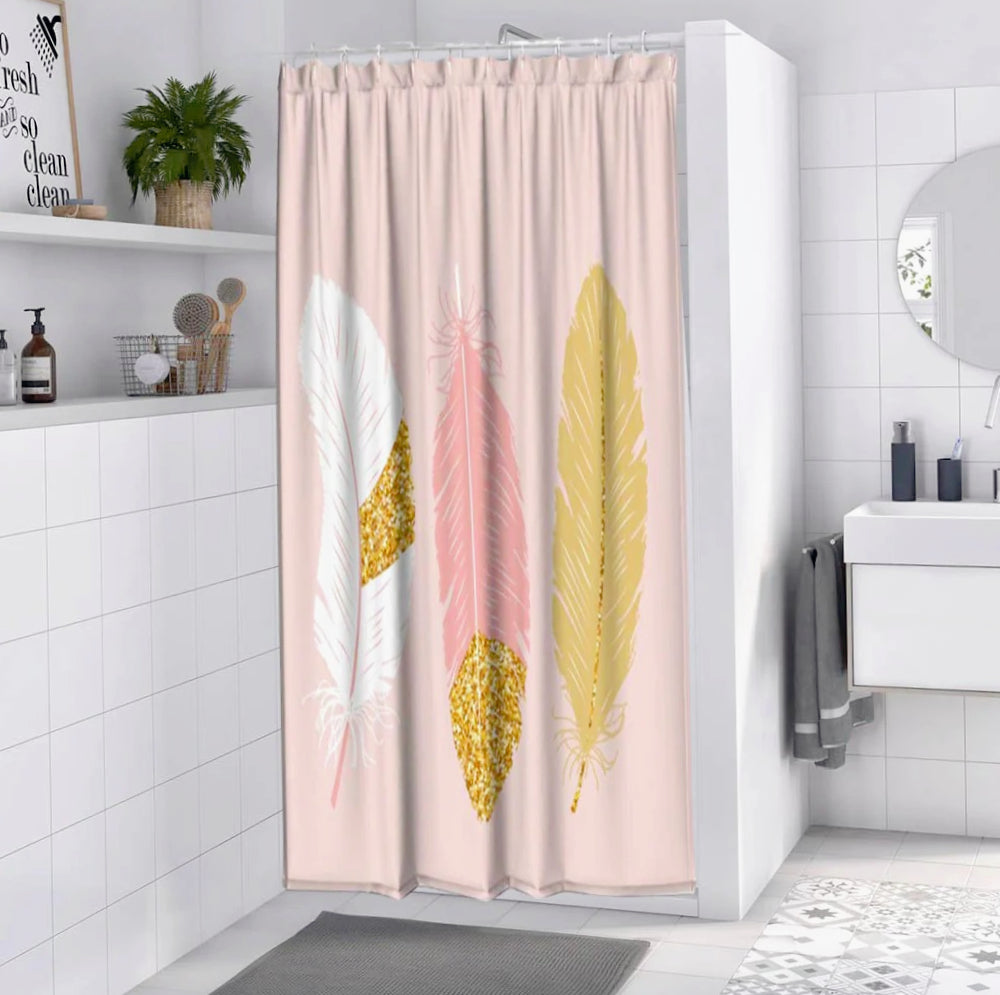 Tenda da doccia impermeabile in PVC – 180×200 cm, 12 ganci, motivo piume oro