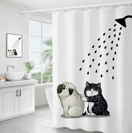 Tenda da doccia impermeabile in PVC – 180×200 cm, 12 ganci, motivo cane e gatto