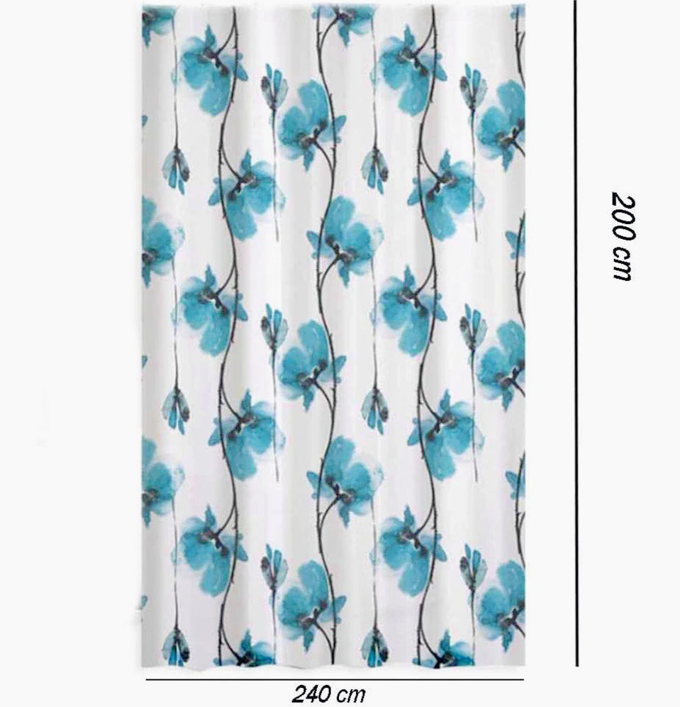 Tenda da doccia impermeabile in PVC – 12 ganci, motivo fiori blu, varie misure