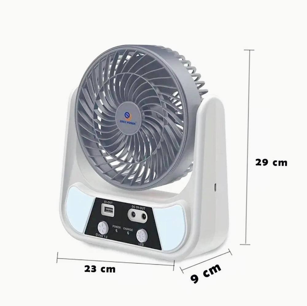 Ventilatore con pannello solare 2 velocità – Ricaricabile con Power Bank, dotato di lampadine integrate - ambraled
