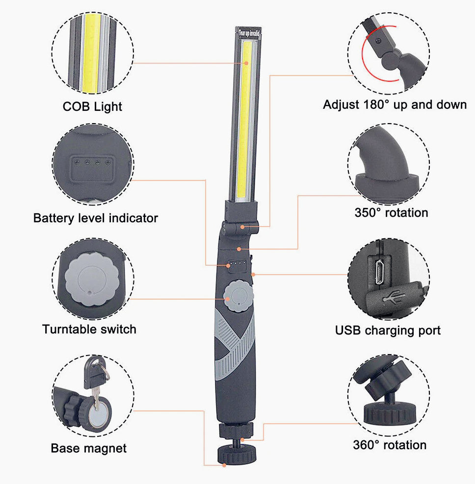 Torcia ricaricabile pieghevole a LED – Con base calamitata e regolazione luminosa (dimmerabile)