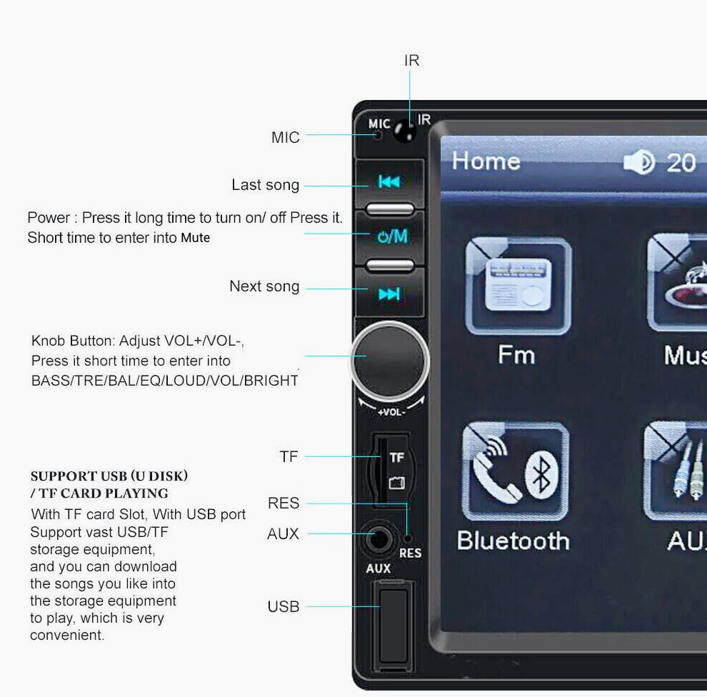 Autoradio 2 DIN 7" touch screen – Bluetooth, USB/TF/SD/AUX, telecomando - ambraled