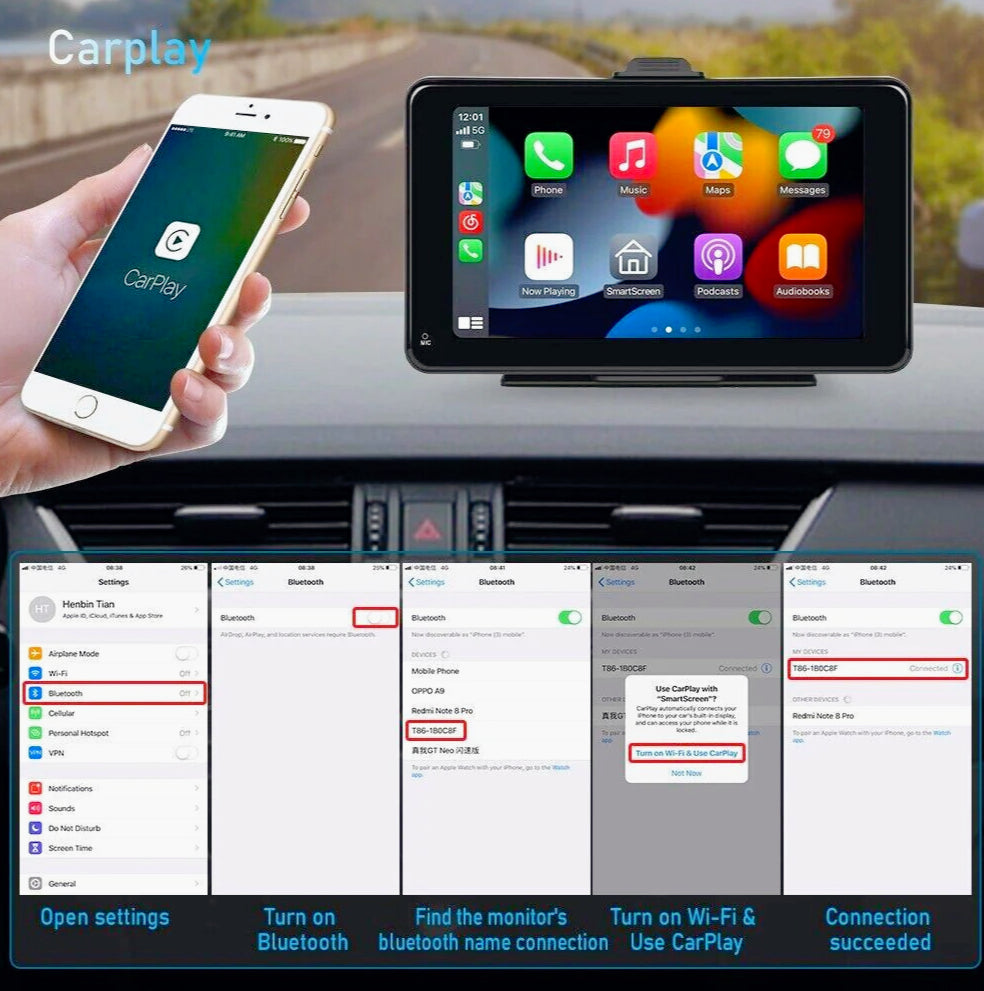 Monitor 7" CarPlay – Bluetooth touchscreen FM/Aux/TF - ambraled