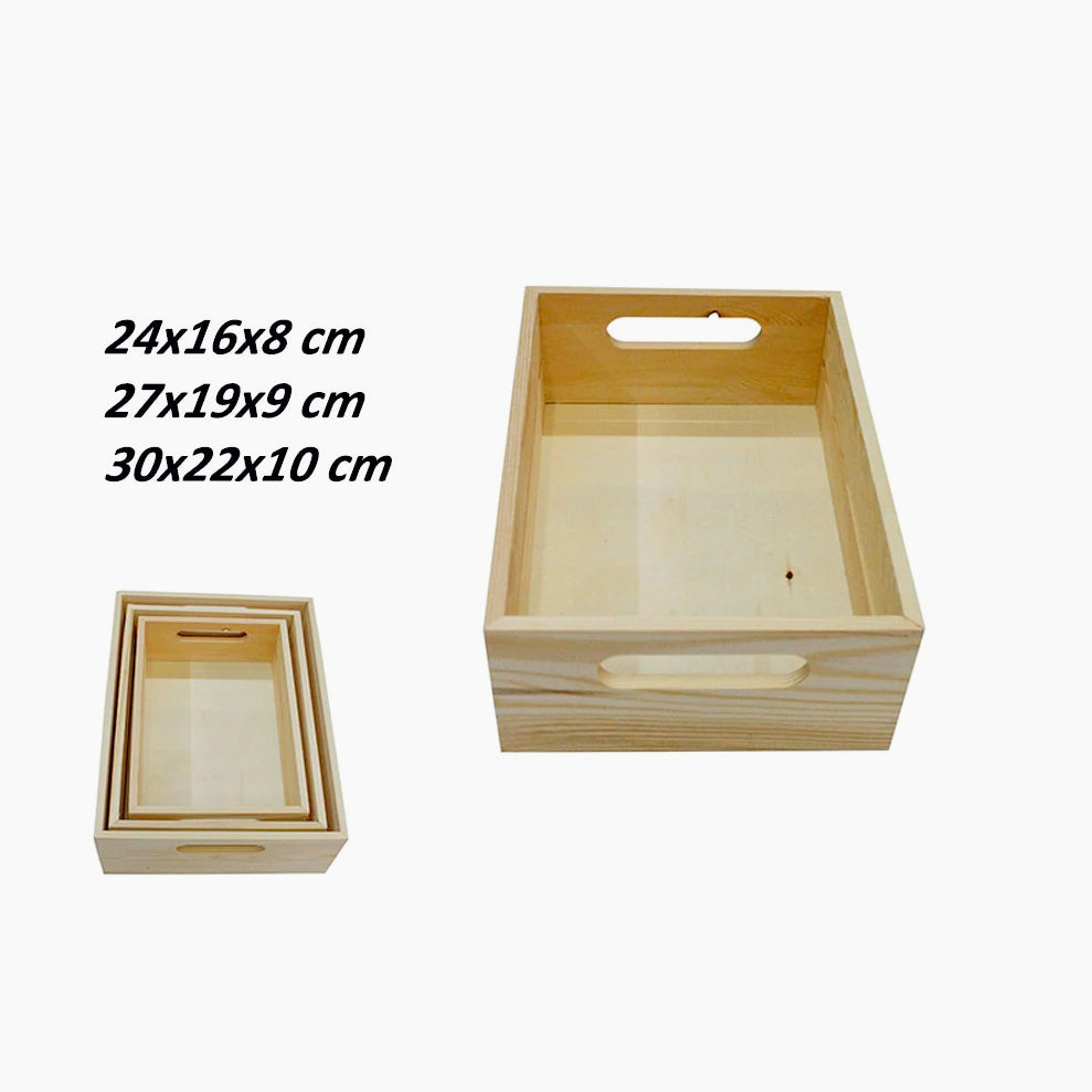 Set 3 cassette in legno multiuso con manici e bordo alto, per decoupage - ambraled