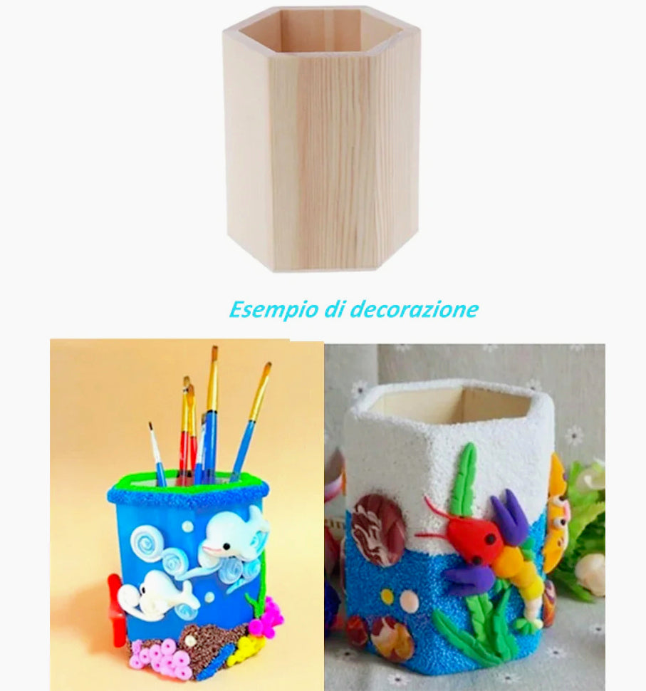 Portapenne esagonale in legno – Personalizzabile per decoupage - ambraled