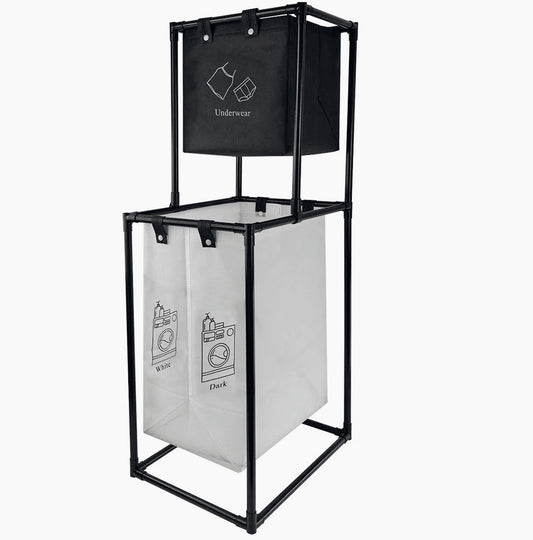 Portabiancheria in metallo con sacca in tessuto, a 2 livelli e 2 scomparti - ambraled