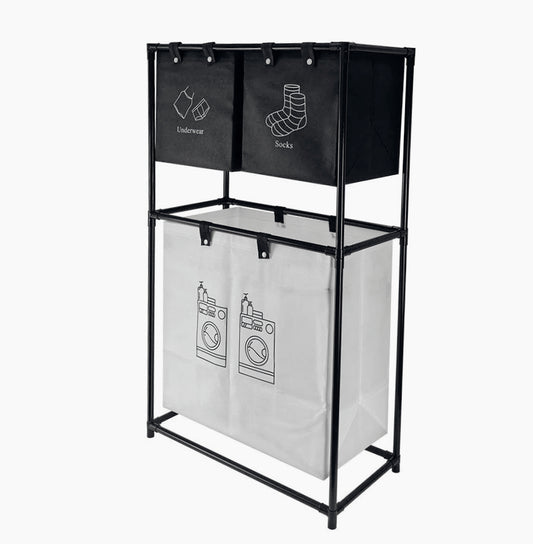 Portabiancheria in metallo con sacca in tessuto, a 2 livelli e 3 scomparti - ambraled