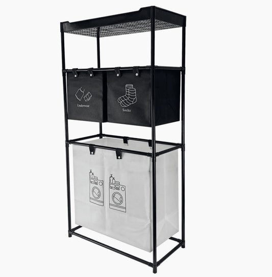 Portabiancheria metallo con sacca in tessuto, 2 livelli, 3 scomparti e 1 ripiano - ambraled