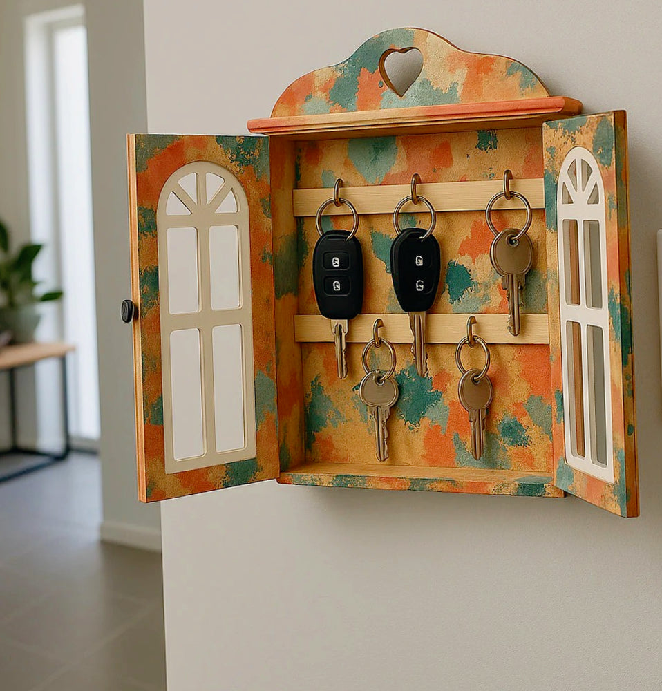 Cassetta portachiavi in legno – 6 ganci, appendibile, per decoupage - ambraled