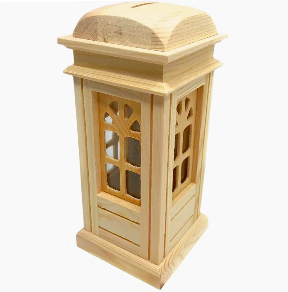 Salvadanaio a forma di cabina telefonica in legno, decorabile con decoupage, dotato di tappo in gomma - ambraled
