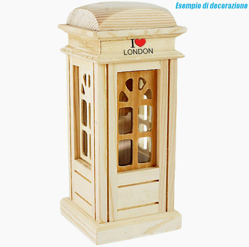 Salvadanaio a forma di cabina telefonica in legno, decorabile con decoupage, dotato di tappo in gomma - ambraled