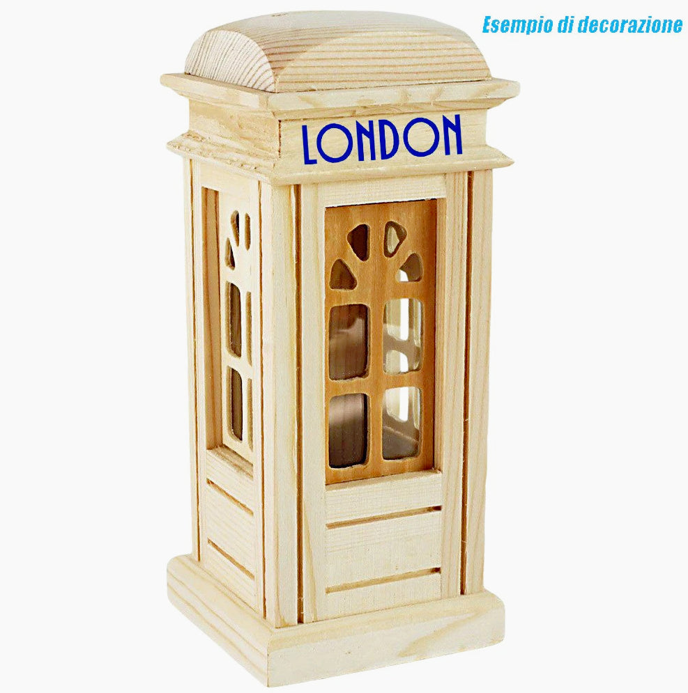 Salvadanaio a forma di cabina telefonica in legno, decorabile con decoupage, dotato di tappo in gomma - ambraled