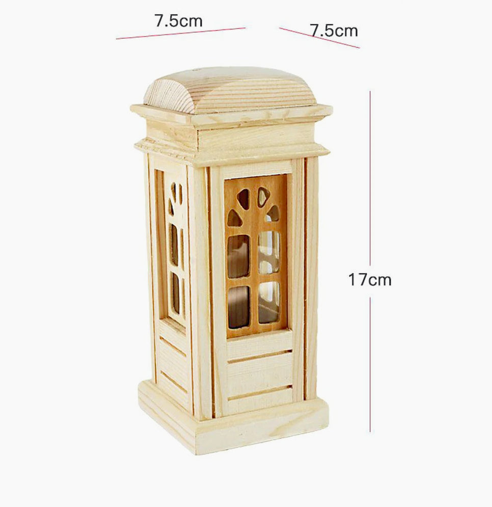 Salvadanaio a forma di cabina telefonica in legno, decorabile con decoupage, dotato di tappo in gomma - ambraled