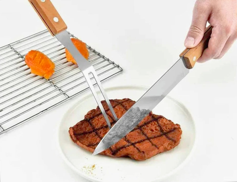 3 Accessori Barbecue – Coltello, Forchettone e Pennello in Silicone (Acciaio Inox) - ambraled