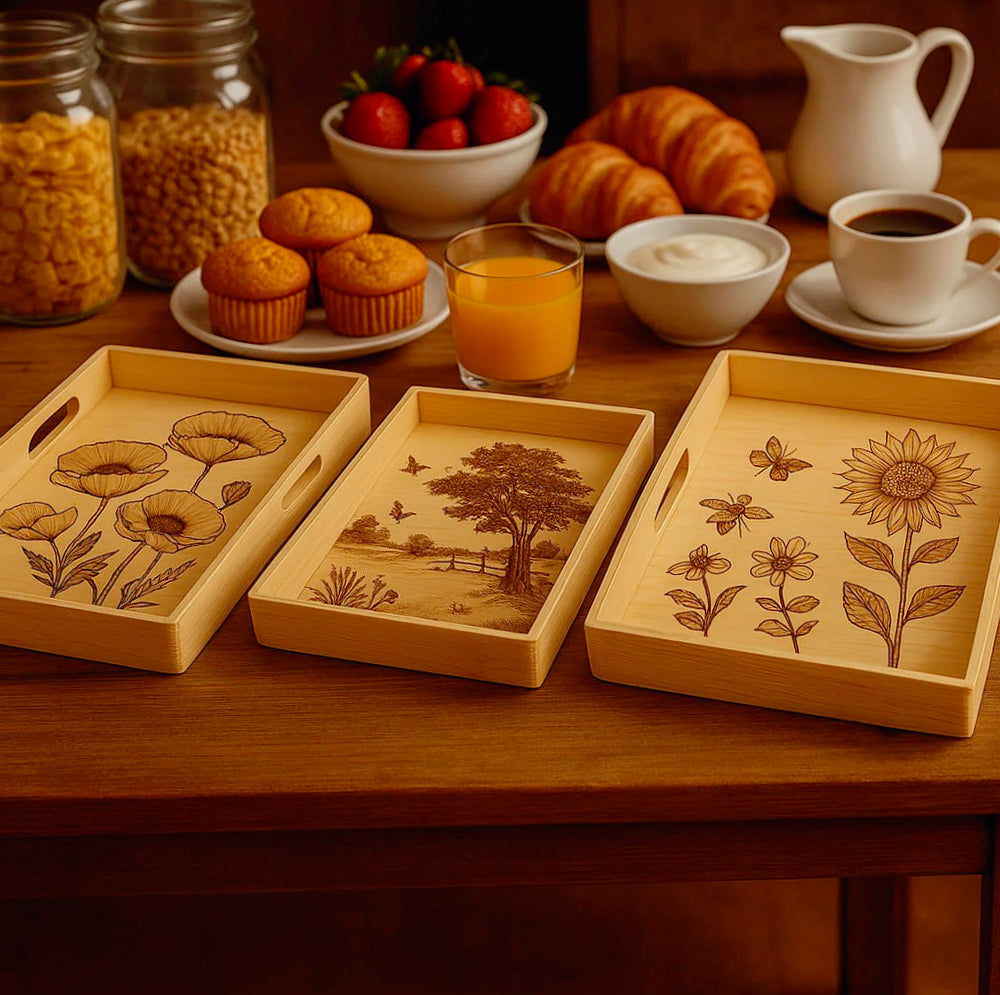 Set 3 vassoi in legno grezzo rettangolari con manici, per decoupage - ambraled