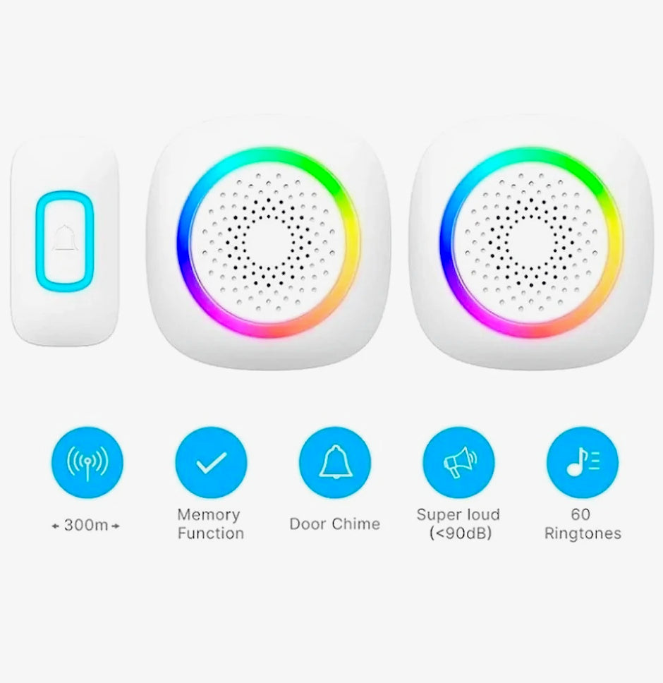 Campanello wireless 300m – 60 melodie, LED RGB, per non udenti - ambraled