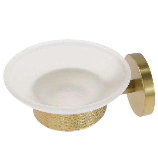 Porta sapone in acciaio dorato con piattino vetro satinato, modello Stella - ambraled