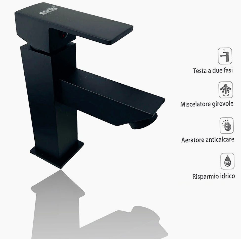 Rubinetto lavabo bagno modello Firenze, quadrato nero opaco - elegante e moderno