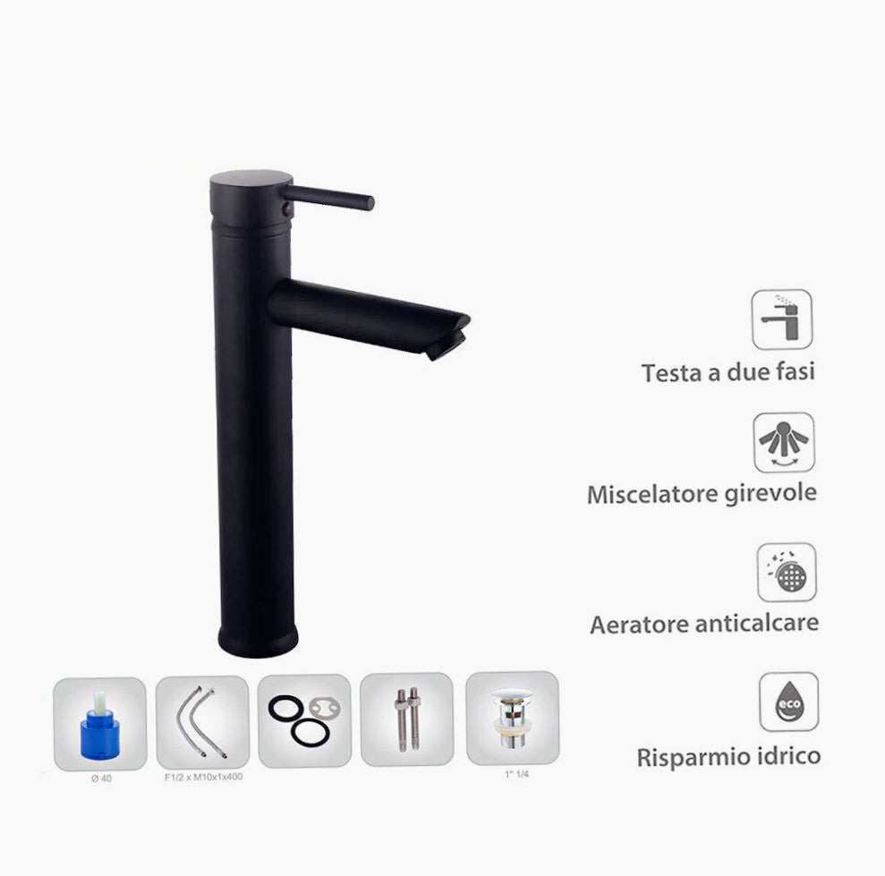 Rubinetto lavabo modello Ray Black, canna alta nero opaco - elegante e minimalista