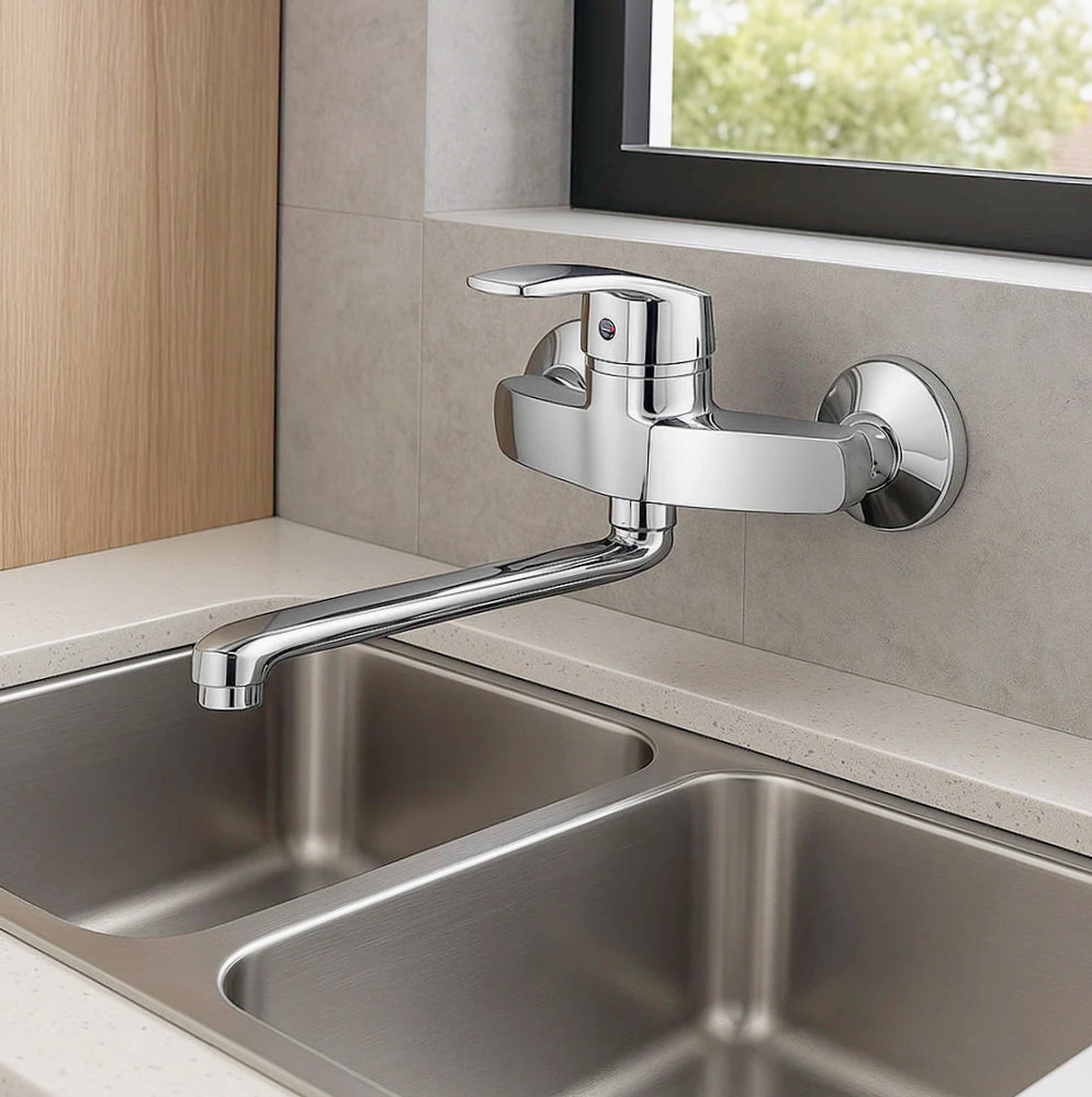Rubinetto per cucina a parete miscelatore a canna lunga orientabile - design moderno