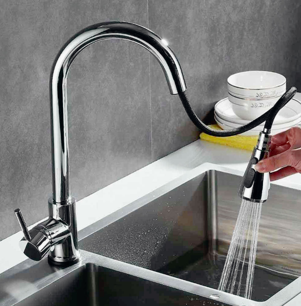 Rubinetto da cucina canna alta con doccetta 2 modalità di getto, ottone lucido - design moderno e curato