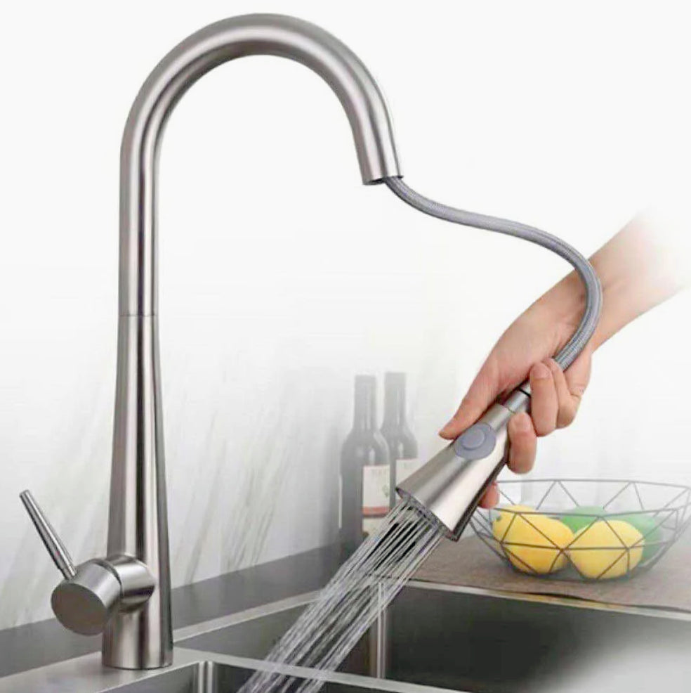 Rubinetto doccetta estraibile a canna alta 2 getti, argento satinato - elegante e funzionale