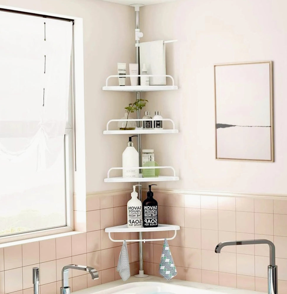 Scaffale angolare telescopico 4 ripiani da bagno/doccia con 4 ganci - ambraled