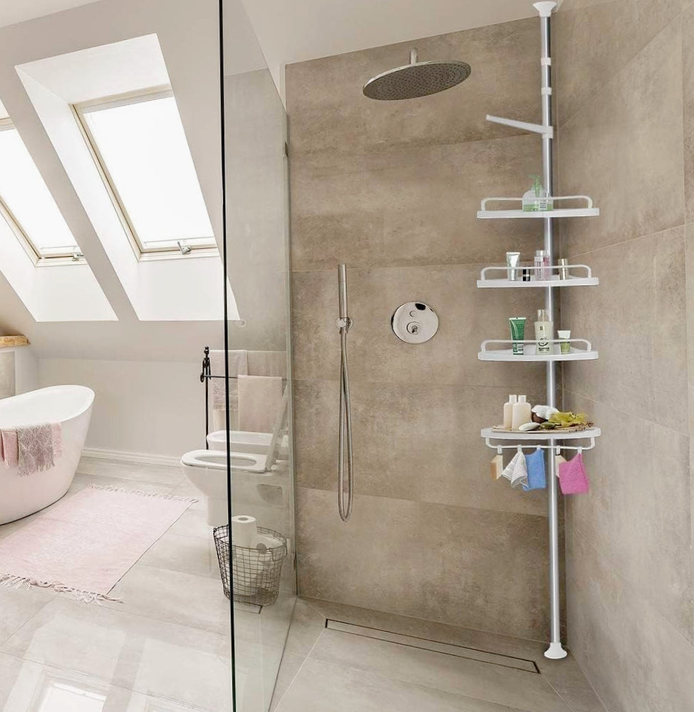 Scaffale angolare telescopico 4 ripiani da bagno/doccia con 4 ganci - ambraled