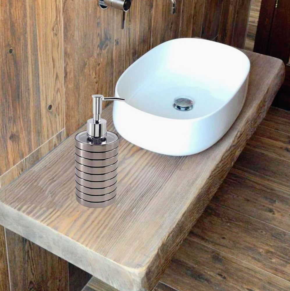 Set accessori bagno 3 pezzi in argento a righe: dispenser, bicchiere e piattino - ambraled