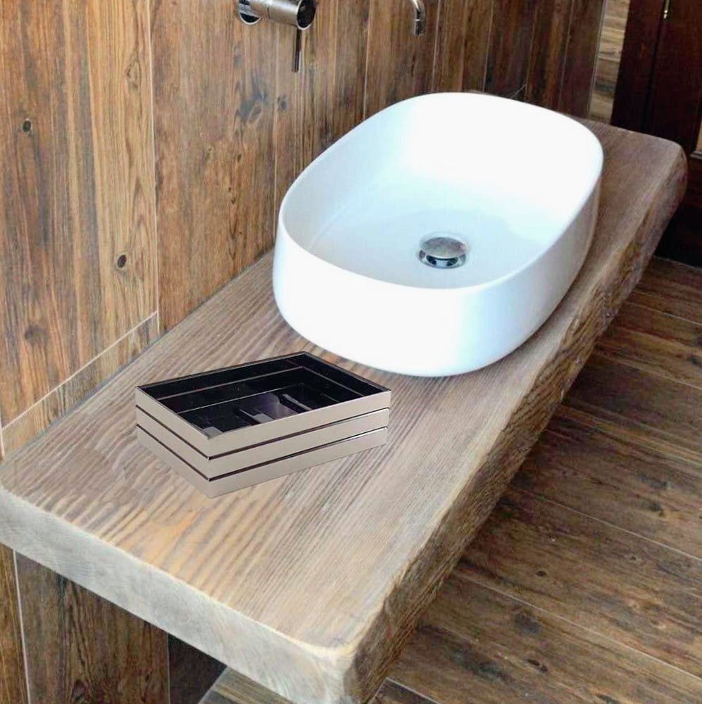 Set accessori bagno 3 pezzi in argento a righe: dispenser, bicchiere e piattino - ambraled