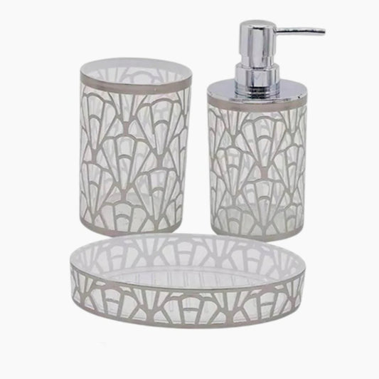 Set accessori bagno 3 pezzi in argento: dispenser, bicchiere e piattino - ambraled