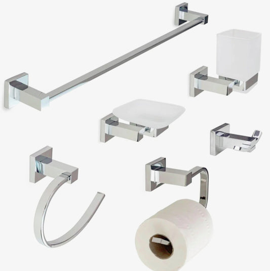 Set bagno moderno 6 pezzi in acciaio cromato e vetro satinato (formato quadrato) - ambraled