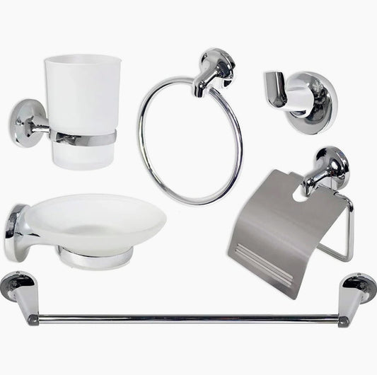Set accessori bagno 6 pezzi in acciaio cromato e vetro satinato - ambraled