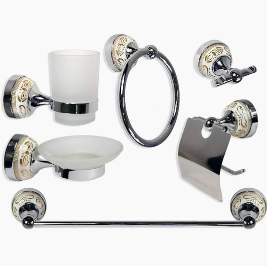 Set bagno 6 pezzi in acciaio lucido, vetro satinato e ceramica - ambraled