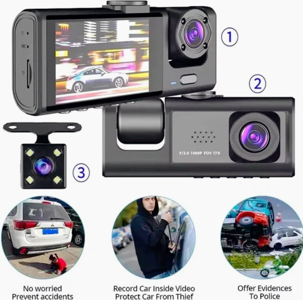 Dash Cam 3 telecamere – HD 1080p con visione notturna e ventosa - ambraled