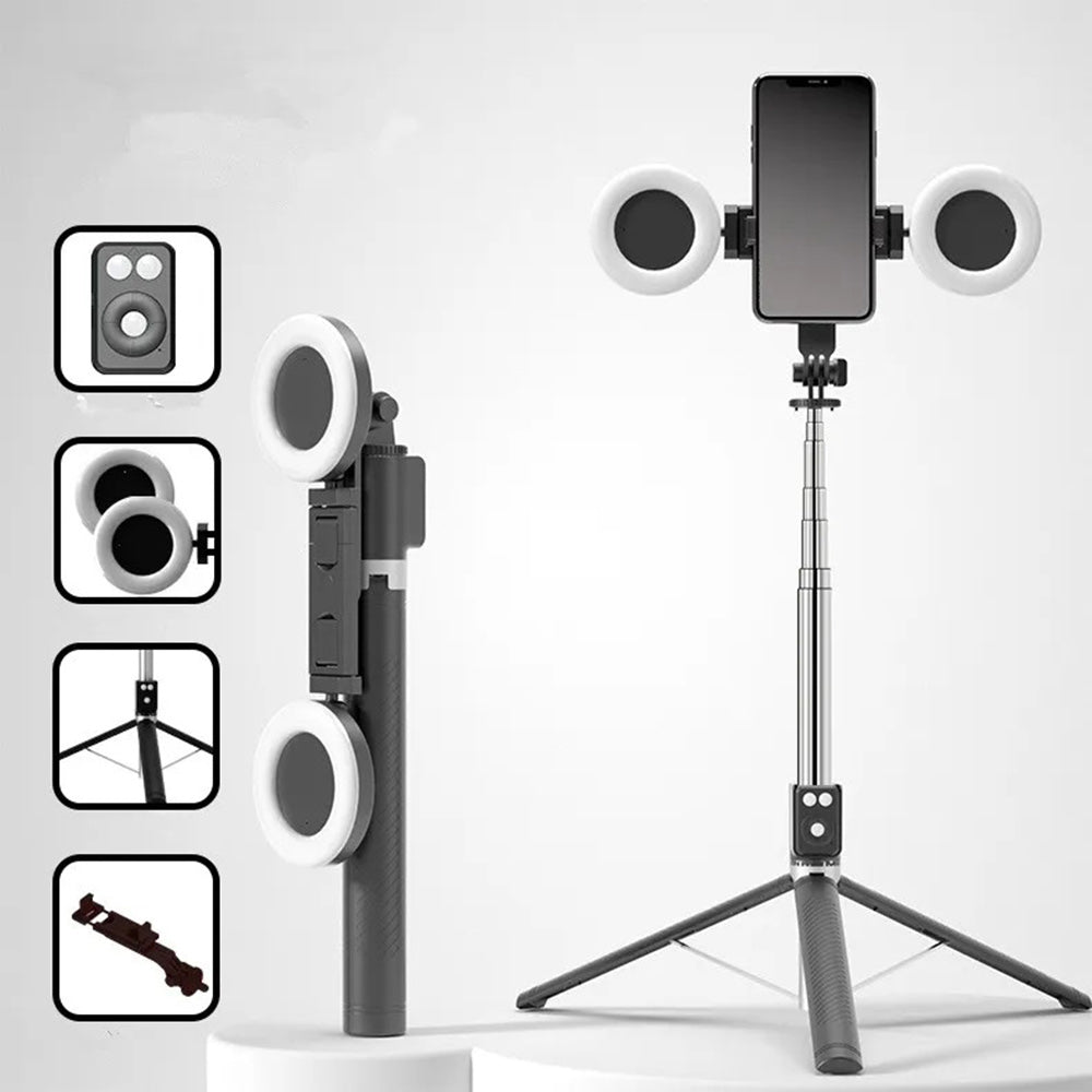 Selfie stick Bluetooth con cavalletto telecomando e 2 luci ring light - ambraled