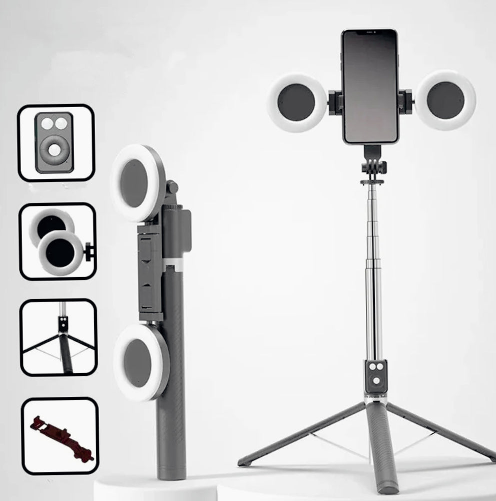 Selfie stick Bluetooth con cavalletto telecomando e 2 luci ring light - ambraled